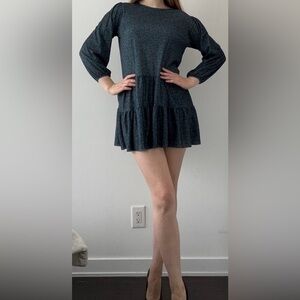 Zara blue floral tiered ruffle mini dress boho peasant long sleeve, Size S